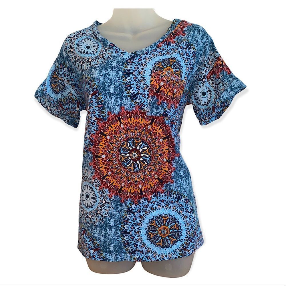 PrinStory Medallion Hippie Boho Summer Top Shirt Blouse, dopamine, EUC- medium M